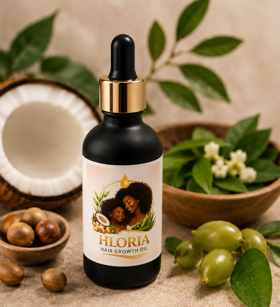 Hloria hair serum bottle with natural ingredients